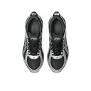 A pair of black and silver ASICS athletic sneakers shown from a top-down view on a plain white background.