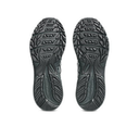 A pair of black athletic shoes shown from the sole view, displaying their textured tread patterns against a plain white background.