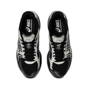 A pair of ASICS running shoes in black and white, shown from a top-down view on a plain white background.
