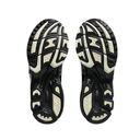 A pair of athletic shoes shown from the sole view, featuring a black and off-white treaded outsole design on a plain white background.