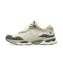A single Asics sneaker shown from the side profile against a solid white background. The shoe features a cream and beige mesh upper with textured dark green suede overlays on the toe and heel, and a chunky beige and dark green midsole.