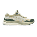 A single Asics sneaker shown in profile against a plain white background. The shoe features a mix of beige suede, white mesh, and dark green textured synthetic overlays, with a chunky beige and white midsole.