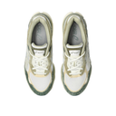 A pair of Asics sneakers shown from a top-down view on a plain white background. The shoes feature a color-blocked design with white mesh panels, light olive green overlays, and a speckled dark green and beige outsole.