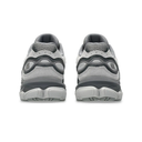 A pair of gray and white athletic sneakers shown from the back, featuring textured mesh and synthetic overlays with wavy detailing, set against a plain white background.