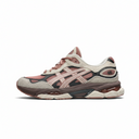 A single ASICS sneaker shown in profile against a solid white background. The shoe features a multi-material design with textured beige mesh, dusty pink overlays, dark gray synthetic panels, and a brown and beige midsole.