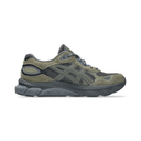 A single ASICS sneaker in olive green and dark gray, shown from the side profile against a plain white background.