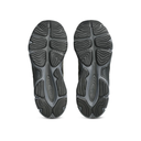 A pair of dark gray athletic shoes shown from the sole view, displaying the textured tread patterns on a clean white background.