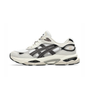 A white and gray ASICS sneaker with black accents, shown from the side profile against a plain white background.
