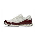 An ASICS sneaker in white and burgundy, shown from the side against a plain white background.