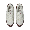 A pair of ASICS sneakers shown from a top-down view, featuring a white mesh and synthetic upper with burgundy accents on the toe, heel, and inner sole.