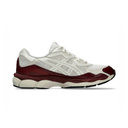 A side-profile view of an ASICS sneaker featuring a cream mesh and synthetic upper with a glossy deep burgundy overlay and matching burgundy heel accent, set against a plain white background.