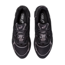 A pair of black and dark gray Asics athletic sneakers shown from a top-down view on a plain white background.