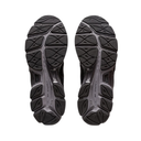 A pair of black athletic shoes shown from the sole view, displaying their textured tread patterns and cushioned midsoles against a plain white background.