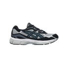A side-profile view of a classic running shoe, featuring a black and gray upper with a white midsole and a blue-gray ASICS stripe logo.
