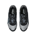 A pair of ASICS athletic sneakers shown from a top-down view, featuring a color scheme of black, gray, and white on a solid white background.