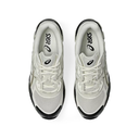 A pair of Asics sneakers shown from a top-down view on a plain white background. The shoes feature a light gray and white mesh upper with black accents on the toe, heel, and sole, and the Asics logo is visible on the tongue and insole.