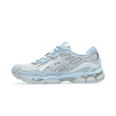 Light blue and white running shoe on a white background
