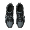 A pair of Asics athletic sneakers shown from a top-down view on a plain white background. The shoes feature a color-blocked design in black, dark gray, and light gray, with the blue Asics logo visible on the tongue.