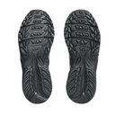 A pair of black athletic shoes shown from the sole view, displaying detailed tread patterns on a solid white background.