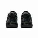 A pair of black Asics sneakers shown from the back, featuring dark gray mesh panels, a blue Asics logo on the heel, and a chunky black sole with circular cutouts, set against a plain white background.
