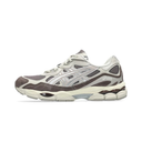 A single ASICS sneaker in a grey, white, and brown colorway, shown from a side profile view against a plain white background.