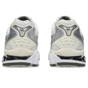 Pair of white and gray running shoes with 'GEL' branding on a white background