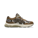 A single ASICS sneaker in brown, gray, and beige, shown from the side profile against a solid white background.