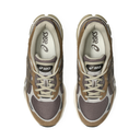 A pair of Asics sneakers shown from a top-down view on a plain white background. The shoes feature a color-blocked design in taupe, brown, and off-white, with mesh panels and the Asics logo visible on the tongue and insole.