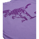 A close-up of a lavender purple t-shirt featuring a dark purple graphic of a running giraffe made of irregular spots.