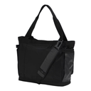 A black tote bag with dual shoulder straps and a detachable crossbody strap, shown against a plain white background.