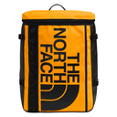 The North Face backpack in bright orange and black, featuring the brand's logo printed vertically on the front, set against a plain white background.