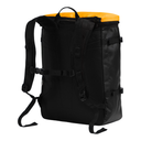 A black The North Face backpack with a bright orange-yellow top flap, shown from a three-quarters angle on a white background.