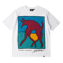 White t-shirt with a colorful graphic of a kangaroo on a blue background, featuring the brand 'Divine Hammer' and signature.