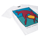 White t-shirt with a colorful graphic of a kangaroo on a blue background, featuring the brand 'Divine Hammer'.