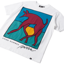White t-shirt with a colorful graphic of a kangaroo and text on a white background
