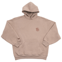 Beige hoodie with a small logo on a white background