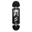 Black skateboard with white graphic design on a white background