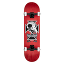 Red skateboard with a black and white graphic design on a white background