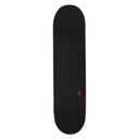 Black skateboard deck with a red logo on a white background