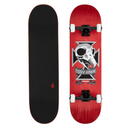 Skateboard with red deck featuring a design and black bottom on a white background