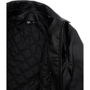 Black quilted jacket with a brand label on a white background