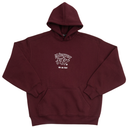 Maroon hoodie with white graphic design on a white background