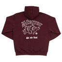 Maroon hoodie with white graphic and text on a white background