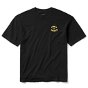 A black short-sleeve crewneck t-shirt with a small yellow circular graphic on the left chest reading 'BORN X RAISED'.