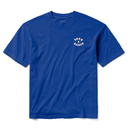 A royal blue short-sleeve crewneck t-shirt with a small white circular 'POLO X LAEBER' logo printed on the left chest, displayed flat against a white background.