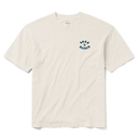 An off-white short-sleeve crewneck t-shirt with a dark teal circular '90.5 x HAESEN' logo printed on the left chest, displayed on a clean white background.