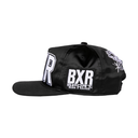A black snapback cap with white embroidered lettering, featuring a prominent 'BXR SPORT BORN X RAISED' patch on the front and a large 'XR' on the side panel.