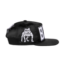 A black flat-brim snapback cap featuring a white embroidered muscular dog graphic on the front and a large white 'B' patch on the side, set against a plain white background.