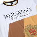 Close-up of a white BXR Sport Worldwide t-shirt featuring a brown and gold geometric color-block design on the lower half, with a gold crest on the right side.