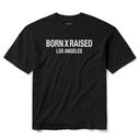 A black short-sleeve crewneck t-shirt with 'BORN X RAISED LOS ANGELES' printed in bold white capital letters across the chest, displayed flat against a white background.